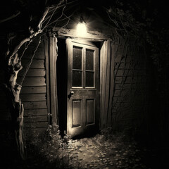 Creepy haunted door in the night with spooky dead trees, 