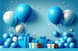 © FrankBoston - Blue birthday decor with balloons an presents ideal for celebration backgrounds, generative AI