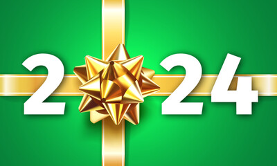 Wall Mural - 2024 Happy New Year. Gift Box Decoration. Greeting Card with a gold ribbon gift bow and the number 2024 on a green background. New Year Celebration Design. Gold Bow Realistic 3D Vector Illustration