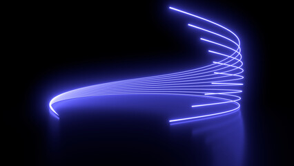 Wall Mural - sci fy neon glowing wave lines in a dark hall. reflections on the floor. empty background in the cen