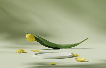 Wall Mural - 3D display podium green background with yellow tulip flower and petal. Nature Blossom minimal pedestal for beauty, cosmetic product presentation. Summer and spring mockup.  3d render template