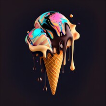 A Waffle Cone Filled With Colorful Ice Cream That Drips And Drips. 3D Cone With Multi-colored Ice Cream On A Dark Background. Generative Ai Illustration