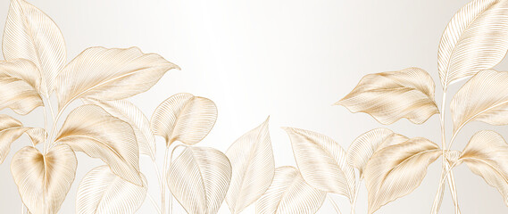 Wall Mural - abstract luxury art background with tropical leaves hand drawn in gold line art style. botanical ban