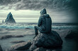 Un homme de dos qui attend seul, assis sur un rocher face aux vagues de l'océan, sous la tempête, illustration IA générative