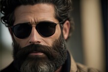 Bearded Mid Aged Man Using Sunglasses Looking At The Camera. Generative AI