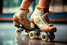Illustration, Women's Feet In Retro Roller Skates And Bright AI Image