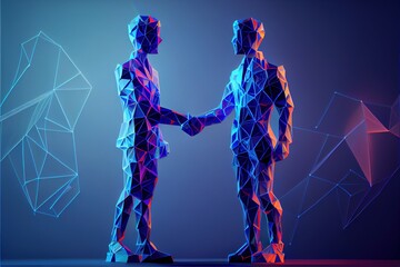 Two businessmen in polygonal and lowpoly style shaking hands making a deal. Concept of partnership or business agreement. Generative ai