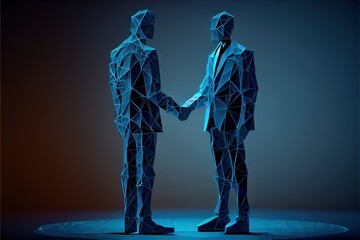 Two businessmen in polygonal and lowpoly style shaking hands making a deal. Concept of partnership or business agreement. Generative ai