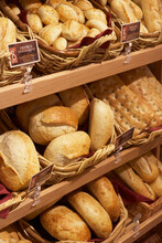 Fresh Baked Bread In Baskets.