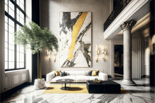 Lavish Fancy Apartment Interior, Marble Floor, High Ceilings, High Glass Windows, Art Deco, Generative AI