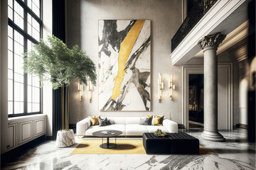 lavish fancy apartment interior, marble floor, high ceilings, high glass windows, art deco, generati