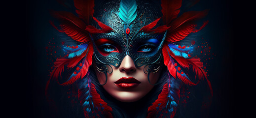 Wall Mural - Carnival banner mardi gras young woman wearing venetian mask looking at camera portrait copy space. Generative AI