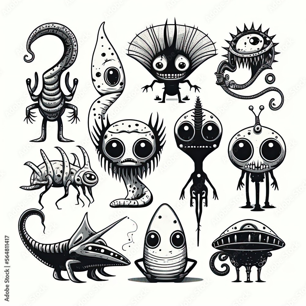 set of black and white weird cartoon creatures and monsters ...