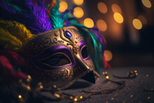 A Colorful Venetian Mask With Feathers On Dark Background, Generative AI