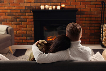 Wall Mural - Lovely couple spending time together near fireplace at home, back view