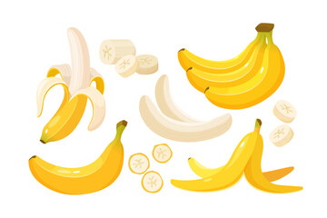 Wall Mural - Banana set. Whole, half, peeled bananas, bunches, and slices of fruits isolated on white background