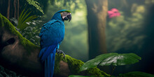 Blue Macaw. Beautiful Photography Of A Blue Macaw In A Jungle. Generative AI
