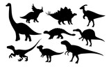 Fototapeta Dinusie - Dinosaurs and Jurassic dino monsters icons. Vector silhouette of triceratops or T-rex, brontosaurus or pterodactyl and stegosaurus, pteranodon or ceratosaurus and parasaurolophus reptile