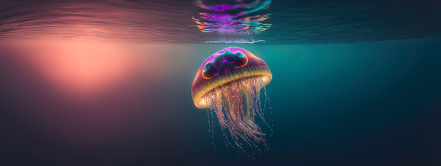 Wall Mural - Rainbow jellyfish in the ocean, photography of a jellyfish in the sea. Generative AI