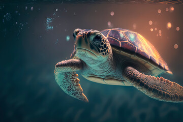 Wall Mural - Turtle in the ocean, photography of a Turtle swimming in the sea, Generative AI