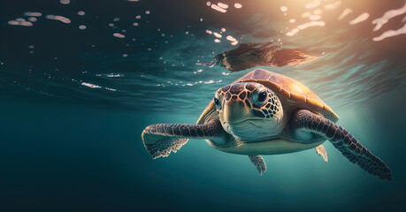 Wall Mural - Turtle in the ocean, photography of a Turtle swimming in the sea, Generative AI