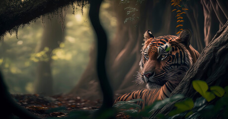 Wall Mural - a beautiful photography of a tiger in a jungle. Generative AI