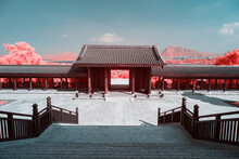 Infrared Photography Of  Traditional Chinese Building Roof And Plants
