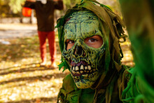 Boy In Zombie Costume Taking Selfies On Halloween