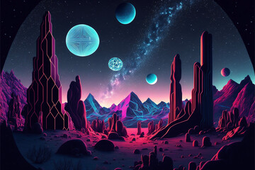 Wall Mural - Surreal Psychedelic Trippy Desert Mountain Galaxy Landscape with Neon Celestial Shapes, vignette Generative AI
