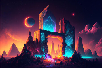 Wall Mural - Surreal Psychedelic Trippy Desert Mountain Galaxy Landscape with Neon Celestial Shapes, Stone Archway Generative AI