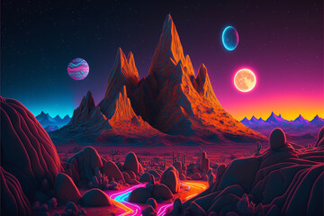 Wall Mural - Surreal Psychedelic Trippy Desert Mountain Galaxy Landscape with Neon Celestial Shapes Generative AI