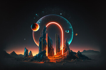 Wall Mural - Surreal Psychedelic Trippy Desert Mountain Galaxy Landscape with Neon Celestial Shapes, Neon Archway Generative AI