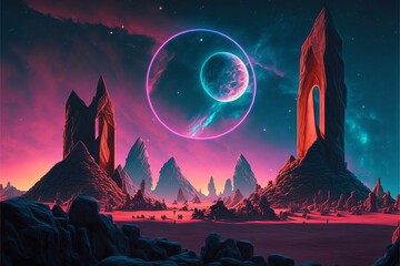 Wall Mural - Surreal Psychedelic Trippy Desert Mountain Galaxy Landscape with Neon Celestial Shapes, Large Central Halo Circle Generative AI
