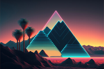 Wall Mural - Neon Pyramid in the Desert Generative AI