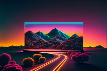 Wall Mural - Neon Mountain Landscape on a Drive In Screen in the Desert Generative AI