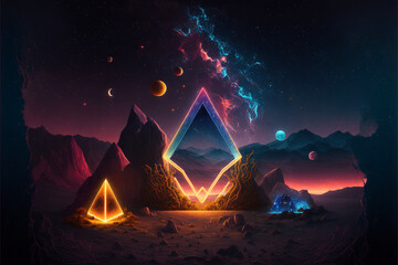 Wall Mural - Surreal Psychedelic Trippy Desert Mountain Galaxy Landscape with Neon Celestial Shapes, Large Central Diamond Generative AI