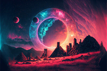 Wall Mural - Surreal Psychedelic Trippy Desert Mountain Galaxy Landscape with Neon Celestial Shapes, Large Central Halo Circle Generative AI