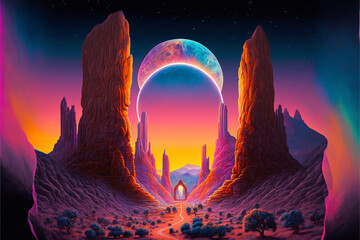 Wall Mural - Surreal Psychedelic Trippy Desert Mountain Galaxy Landscape with Neon Celestial Shapes, Stone Archway Generative AI