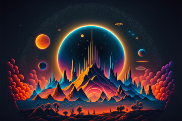 Wall Mural - Surreal Psychedelic Trippy Desert Mountain Galaxy Landscape with Neon Celestial Shapes, Large Central Halo  Generative AI