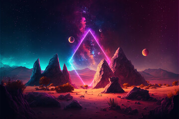 Wall Mural - Surreal Psychedelic Trippy Desert Mountain Galaxy Landscape with Neon Celestial Shapes, Central Pyramid Triangle Generative AI