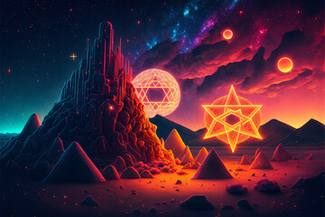 Wall Mural - Surreal Psychedelic Trippy Desert Mountain Galaxy Landscape with Neon Celestial Shapes, Double Tetrahedron, Merkaba, Star of David, Sacred Geometry Generative AI