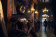 Woman Wearing a mask and traditional costume at Venice Carnival masked ball inside a palace bathed in golden light. Ai generated art