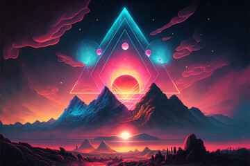 Wall Mural - Surreal Psychedelic Trippy Desert Mountain Galaxy Landscape with Neon Celestial Shapes, Central Pyramid Triangle Generative AI