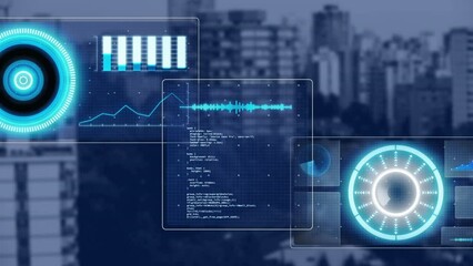 Poster - Animation of data processing with scope scanning over cityscape