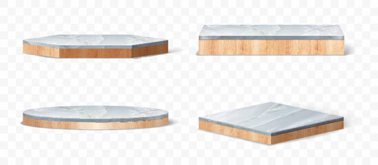 3D Vector set of marble with wood table top podium pedestals, Abstract geometric empty stages wooden and stone exhibit displays award ceremony product presentation