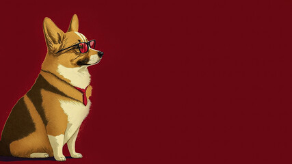 Wall Mural - Corgi in specs on maroon background for slide templates or product placement generative AI