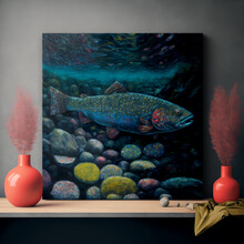 Painting Of A Fish Flanked By Two Vases. AI Generated Illustration.