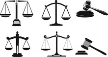 Set And Collection Of Justice Icons On White Background. Lawyer, Advocate, Law Symbols. Gavel And Balance Icons. 