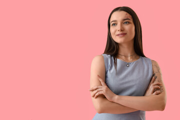 Sticker - Young woman with stylish necklace on pink background