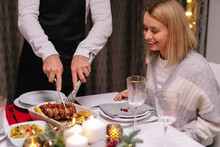 Grilled Ham Ribs. Christmas Dining Table. Decorations. Happy Smile
